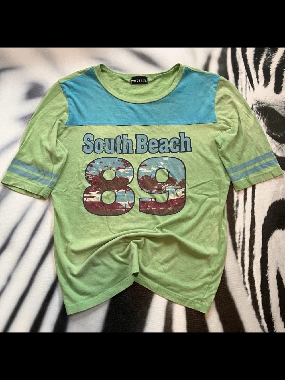 Vintage Y2K Wet Seal T Shirt South Beach Blue Green Stripe Surf 18x22.5